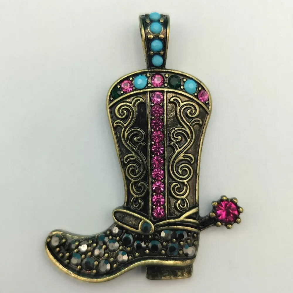 Western Cowboy Boot Pendant Rhinestone Antique Gold Tone Charm 2